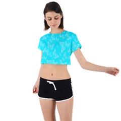 Aqua Blue Butterfly Print Tie Back Short Sleeve Crop Tee by SpinnyChairDesigns