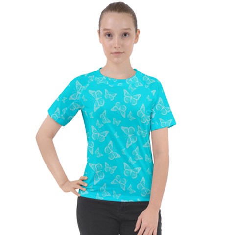 Aqua Blue Butterfly Print Women s Sport Raglan Tee by SpinnyChairDesigns