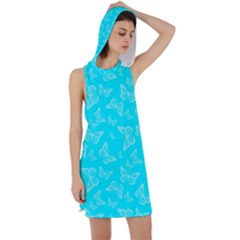 Aqua Blue Butterfly Print Racer Back Hoodie Dress by SpinnyChairDesigns