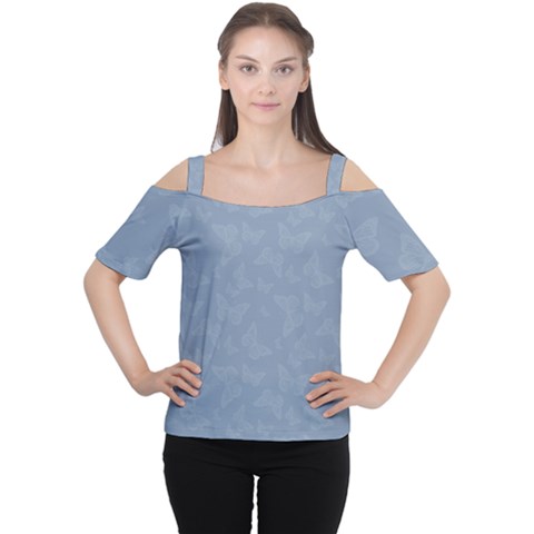 Faded Blue Butterfly Print Cutout Shoulder Tee by SpinnyChairDesigns