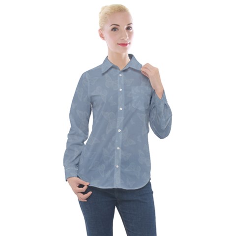 Faded Blue Butterfly Print Women s Long Sleeve Pocket Shirt by SpinnyChairDesigns