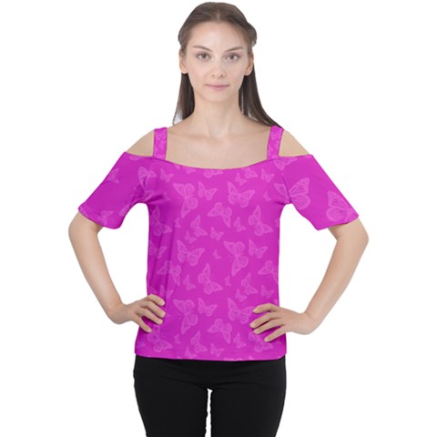 Fuchsia Butterfly Print  Cutout Shoulder Tee by SpinnyChairDesigns