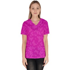 Fuchsia Butterfly Print  Women s V-neck Scrub Top by SpinnyChairDesigns