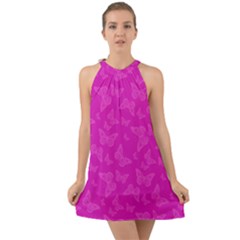 Fuchsia Butterfly Print  Halter Tie Back Chiffon Dress by SpinnyChairDesigns