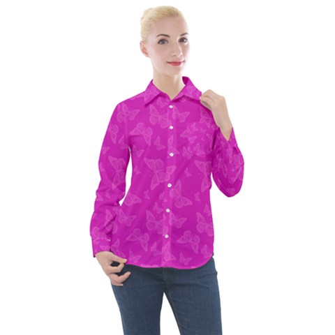 Fuchsia Butterfly Print  Women s Long Sleeve Pocket Shirt by SpinnyChairDesigns