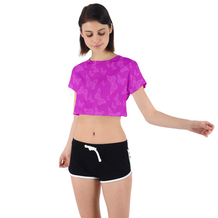 Fuchsia Butterfly Print  Tie Back Short Sleeve Crop Tee