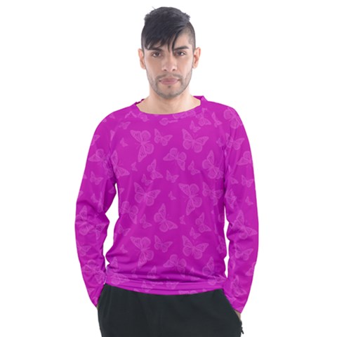 Fuchsia Butterfly Print  Men s Long Sleeve Raglan Tee by SpinnyChairDesigns