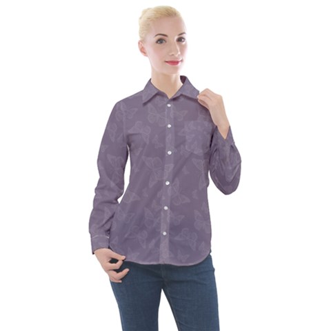 Grape Compote Butterfly Print Women s Long Sleeve Pocket Shirt by SpinnyChairDesigns