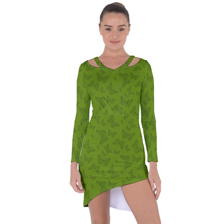 Avocado Green Butterfly Print Asymmetric Cut-Out Shift Dress