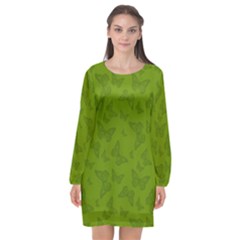 Avocado Green Butterfly Print Long Sleeve Chiffon Shift Dress 