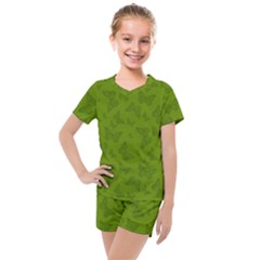 Avocado Green Butterfly Print Kids  Mesh Tee And Shorts Set