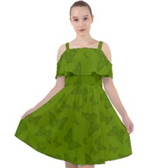 Avocado Green Butterfly Print Cut Out Shoulders Chiffon Dress by SpinnyChairDesigns