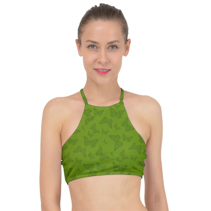 Avocado Green Butterfly Print Racer Front Bikini Top