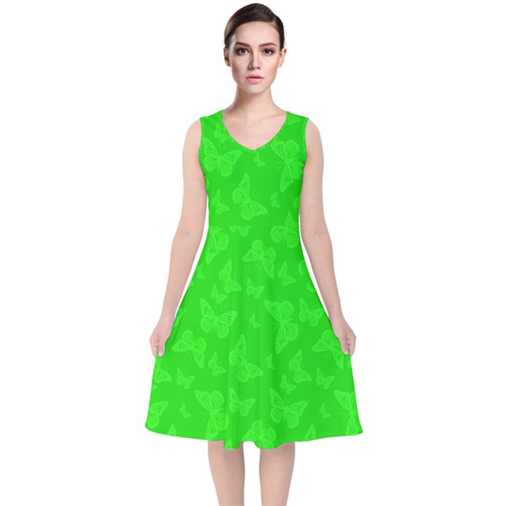 Chartreuse Green Butterfly Print V-Neck Midi Sleeveless Dress 