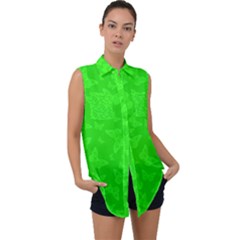 Chartreuse Green Butterfly Print Sleeveless Chiffon Button Shirt