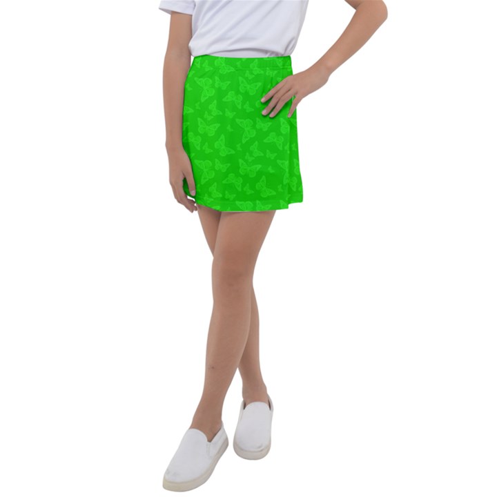 Chartreuse Green Butterfly Print Kids  Tennis Skirt