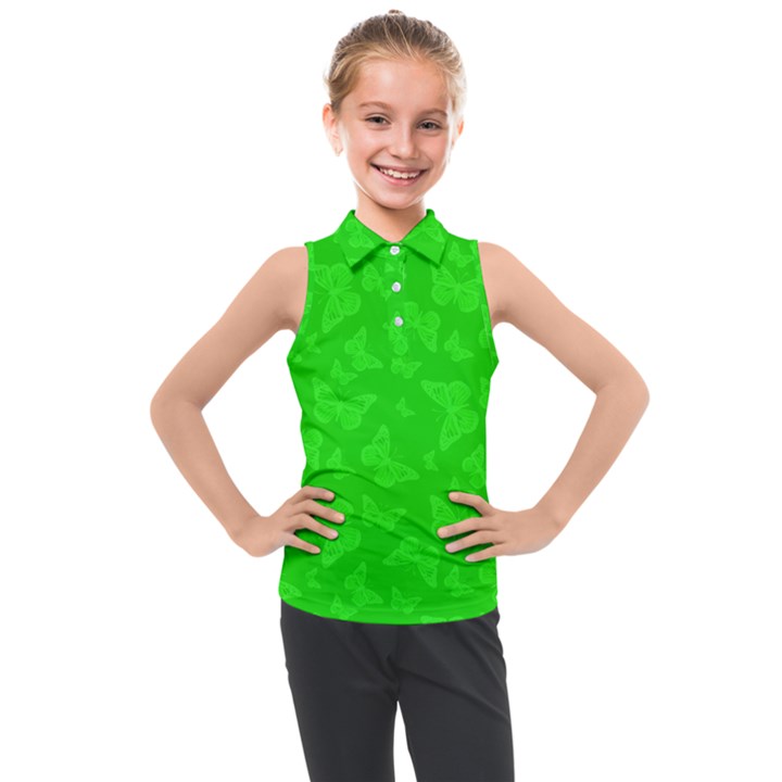 Chartreuse Green Butterfly Print Kids  Sleeveless Polo Tee