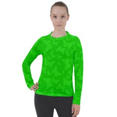 Chartreuse Green Butterfly Print Women s Pique Long Sleeve Tee