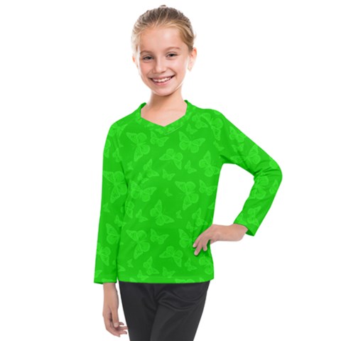 Chartreuse Green Butterfly Print Kids  Long Mesh Tee by SpinnyChairDesigns