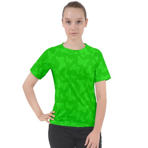 Chartreuse Green Butterfly Print Women s Sport Raglan Tee by SpinnyChairDesigns