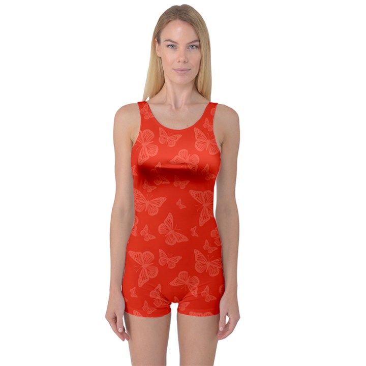 Vermilion Red Butterfly Print One Piece Boyleg Swimsuit