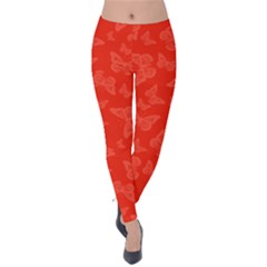 Vermilion Red Butterfly Print Velvet Leggings by SpinnyChairDesigns