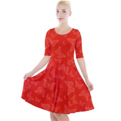 Vermilion Red Butterfly Print Quarter Sleeve A-line Dress by SpinnyChairDesigns