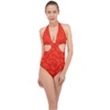 Vermilion Red Butterfly Print Halter Front Plunge Swimsuit View1