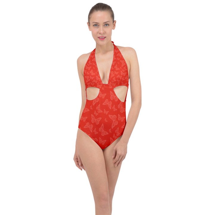 Vermilion Red Butterfly Print Halter Front Plunge Swimsuit