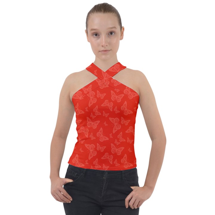 Vermilion Red Butterfly Print Cross Neck Velour Top