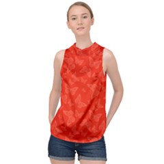 Vermilion Red Butterfly Print High Neck Satin Top by SpinnyChairDesigns