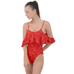 Vermilion Red Butterfly Print Drape Piece Swimsuit by SpinnyChairDesigns