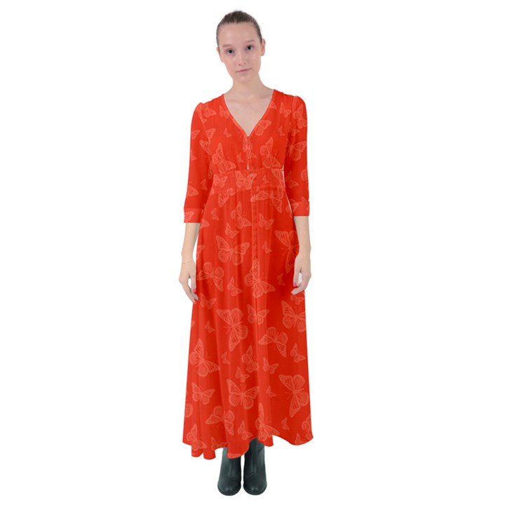 Vermilion Red Butterfly Print Button Up Maxi Dress