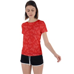 Vermilion Red Butterfly Print Back Circle Cutout Sports Tee by SpinnyChairDesigns