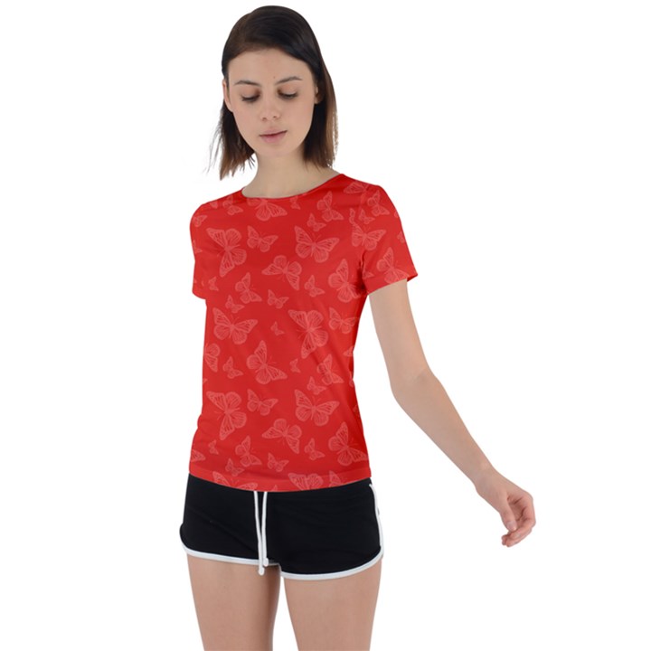 Vermilion Red Butterfly Print Back Circle Cutout Sports Tee