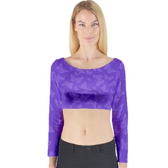 Violet Purple Butterfly Print Long Sleeve Crop Top by SpinnyChairDesigns