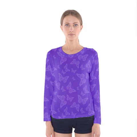 Violet Purple Butterfly Print Women s Long Sleeve Tee by SpinnyChairDesigns