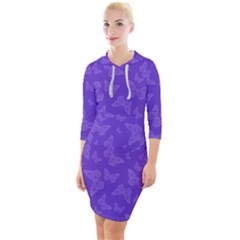 Violet Purple Butterfly Print Quarter Sleeve Hood Bodycon Dress by SpinnyChairDesigns