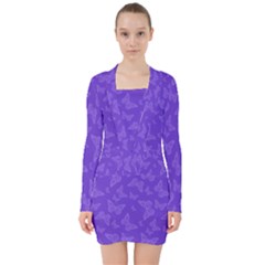 Violet Purple Butterfly Print V-neck Bodycon Long Sleeve Dress by SpinnyChairDesigns