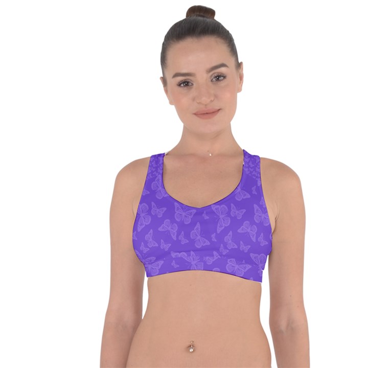 Violet Purple Butterfly Print Cross String Back Sports Bra