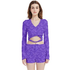 Violet Purple Butterfly Print Velvet Wrap Crop Top by SpinnyChairDesigns