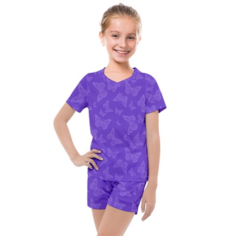 Violet Purple Butterfly Print Kids  Mesh Tee And Shorts Set by SpinnyChairDesigns