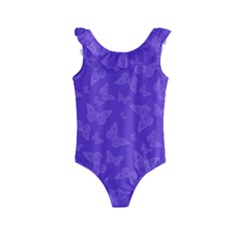 Violet Purple Butterfly Print Kids  Frill Swimsuit by SpinnyChairDesigns