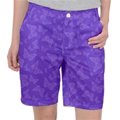 Violet Purple Butterfly Print Pocket Shorts by SpinnyChairDesigns