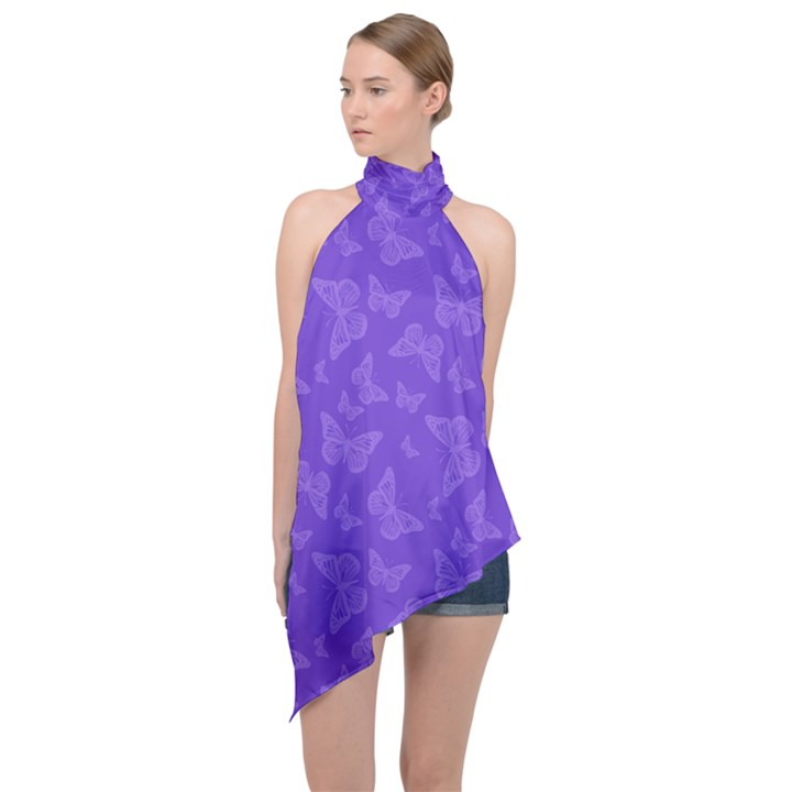 Violet Purple Butterfly Print Halter Asymmetric Satin Top