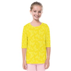 Lemon Yellow Butterfly Print Kids  Quarter Sleeve Raglan Tee