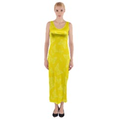 Lemon Yellow Butterfly Print Fitted Maxi Dress