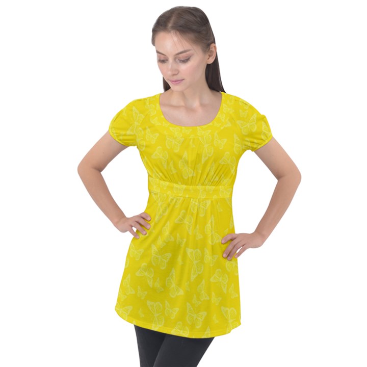 Lemon Yellow Butterfly Print Puff Sleeve Tunic Top