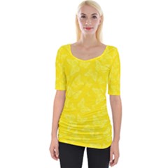 Lemon Yellow Butterfly Print Wide Neckline Tee