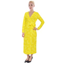 Lemon Yellow Butterfly Print Velvet Maxi Wrap Dress